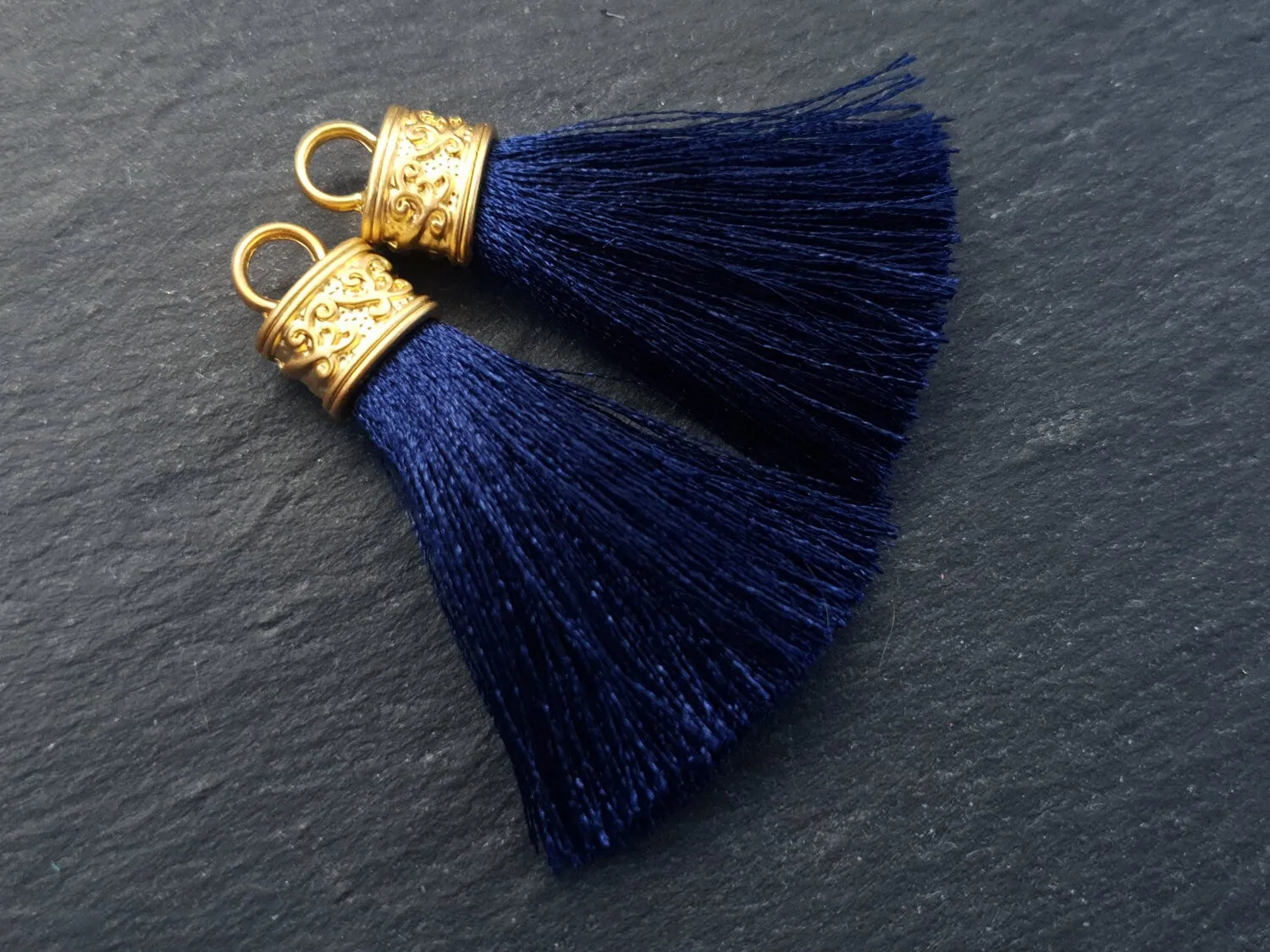 Navy Tassel Pendant, Navy Blue, Silk Thread Tassel, Tassel Charm, Ornate Cap, 22k Matte Gold Cap, Tassel Jewelry, 2.25 inches, 2pc
