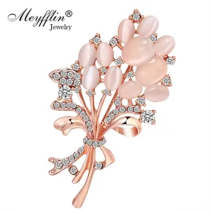 New Opal Crystal Brooches For Women Vintage Fashion Female Jewelry Gold Opal Flower Brooch Broches P