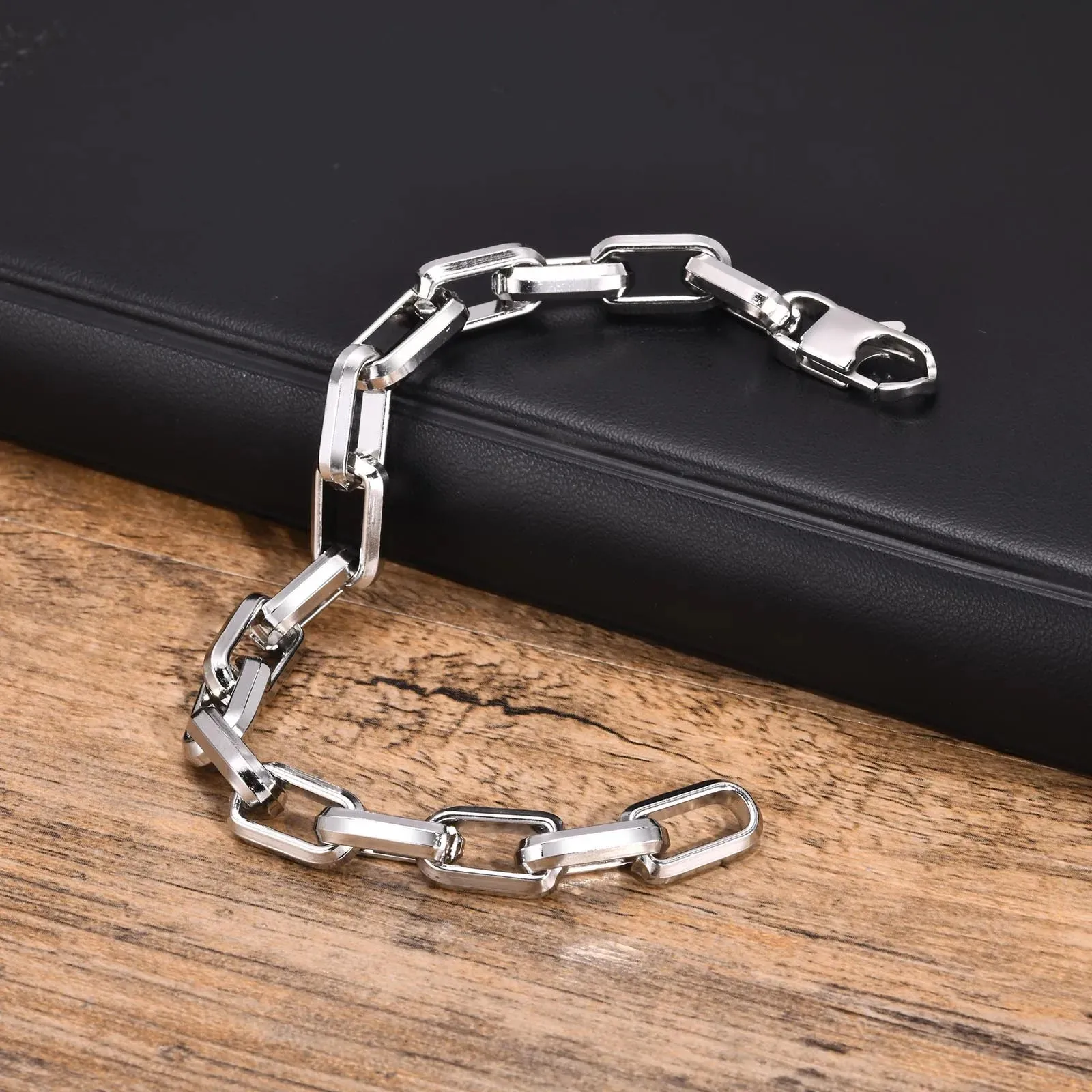 New Rectangle Chain Bracelets for Men Boys,Silver Color Stainless Steel Wristband
