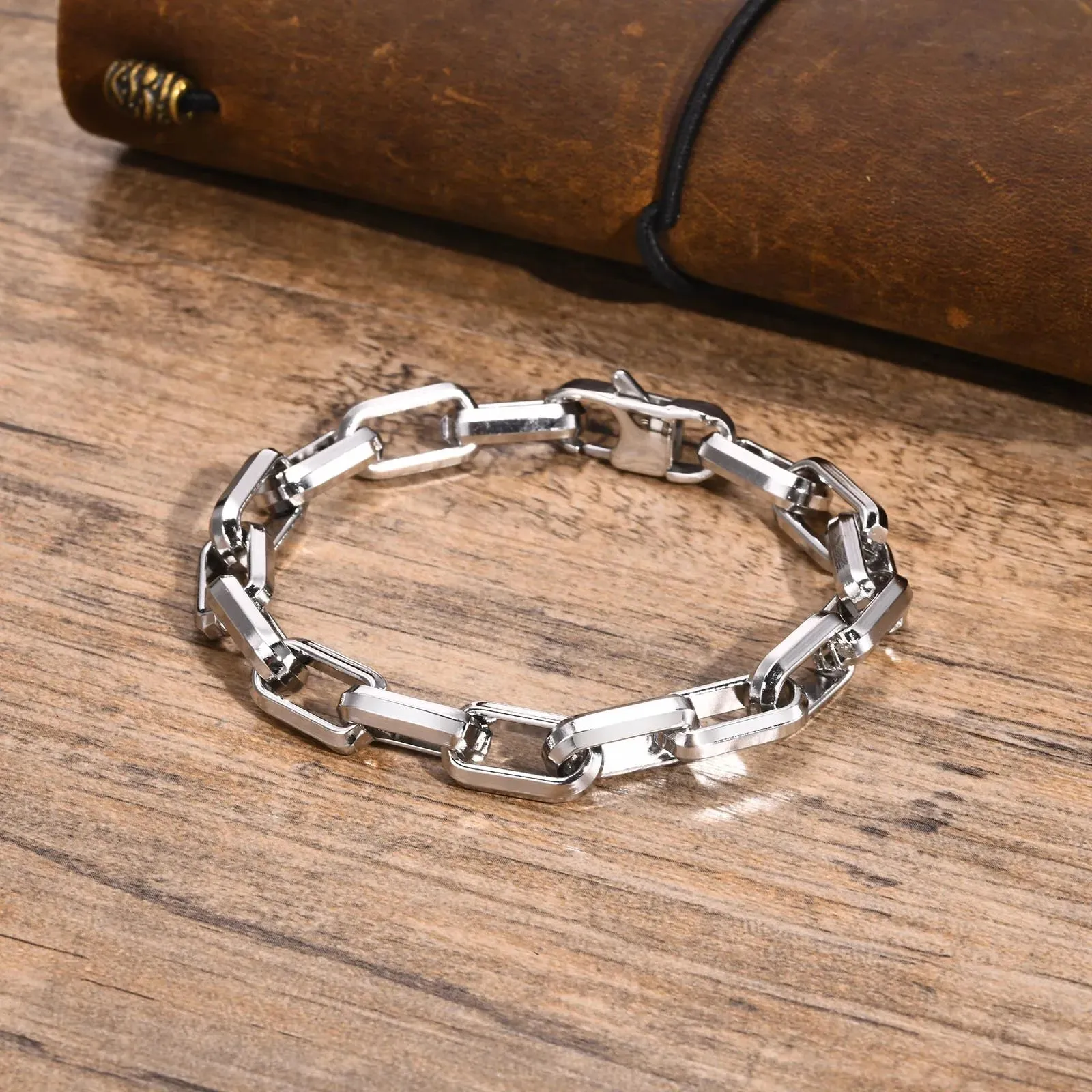 New Rectangle Chain Bracelets for Men Boys,Silver Color Stainless Steel Wristband