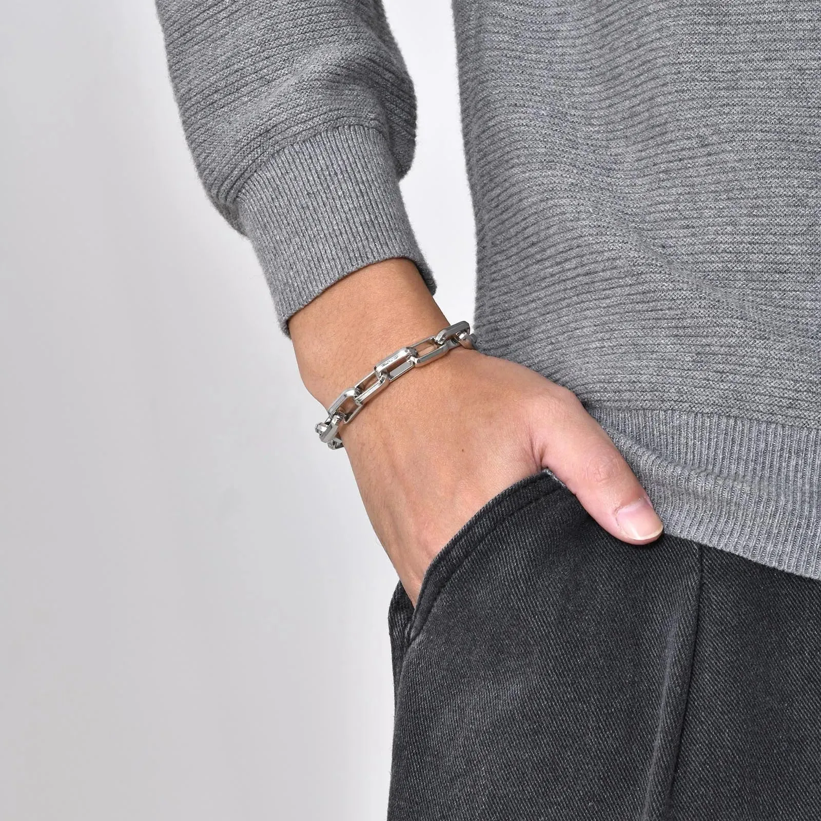 New Rectangle Chain Bracelets for Men Boys,Silver Color Stainless Steel Wristband