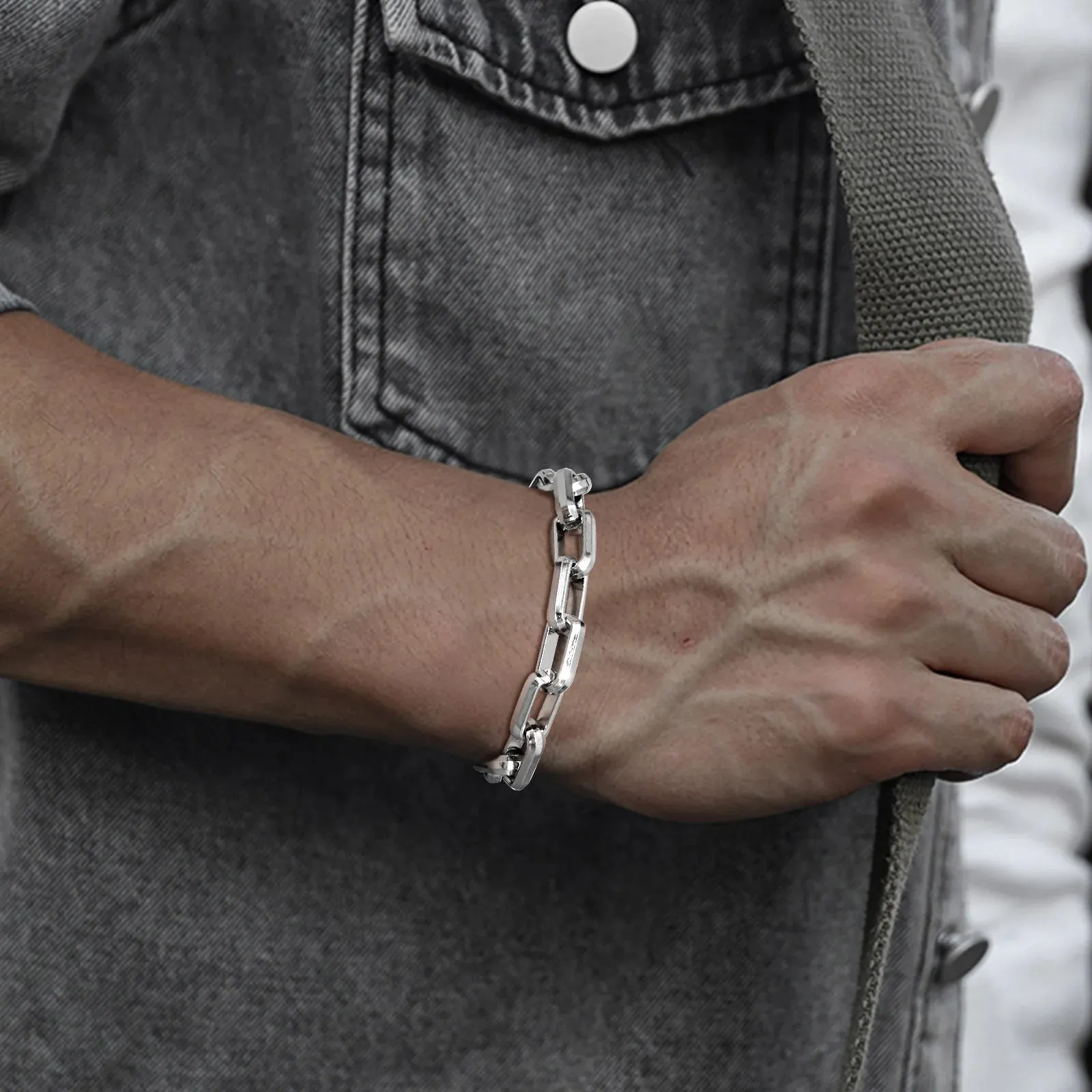 New Rectangle Chain Bracelets for Men Boys,Silver Color Stainless Steel Wristband