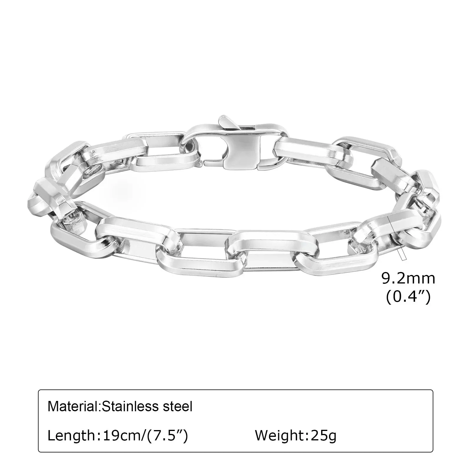 New Rectangle Chain Bracelets for Men Boys,Silver Color Stainless Steel Wristband