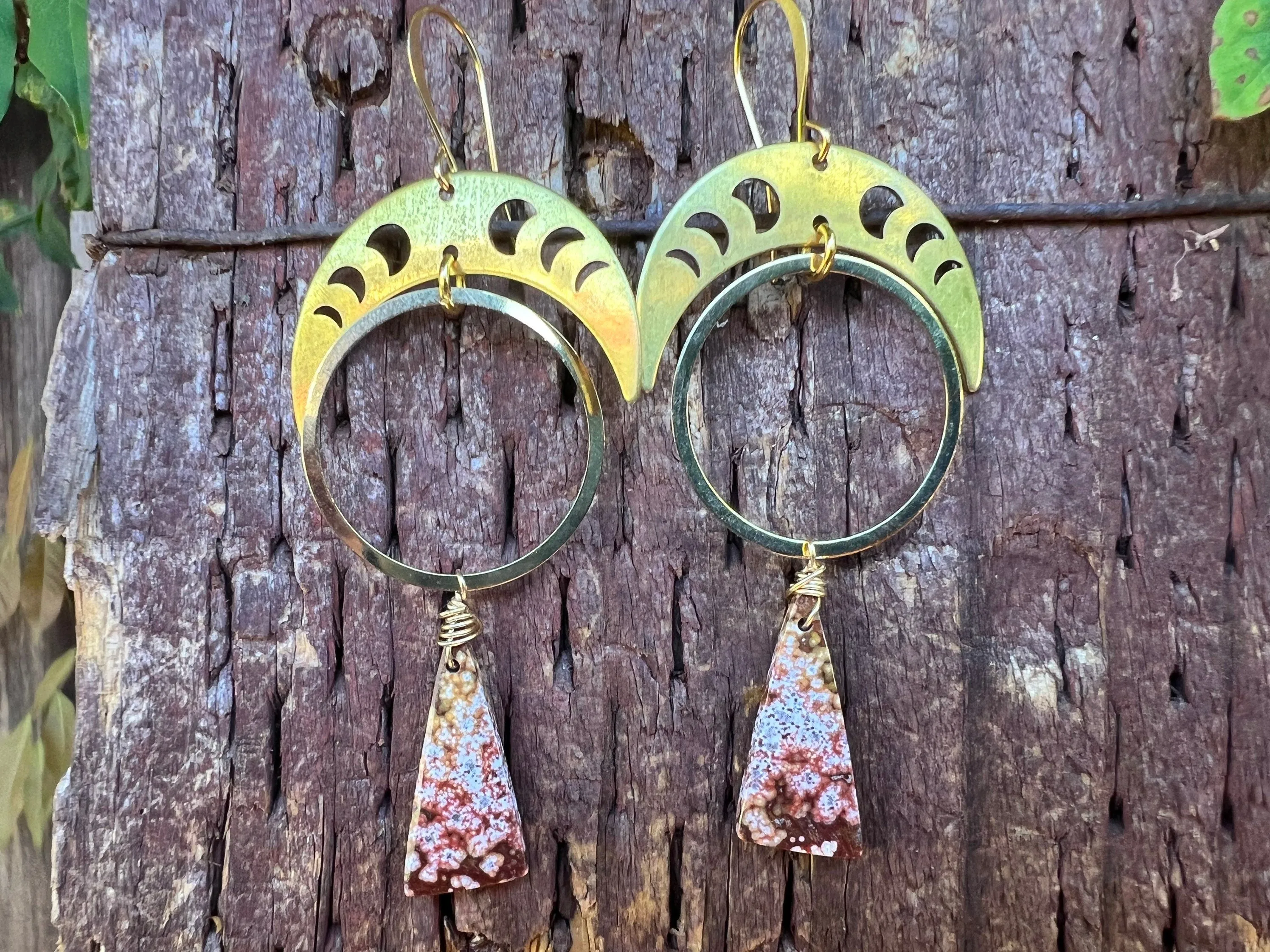 Ocean jasper earrings, geometric earrings, brass earrings, gold statement dangles, fashion accessories