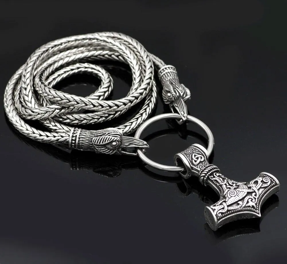 Odin's Raven with Thor's Hammer Pendant Chain Necklace