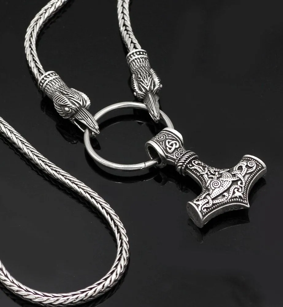 Odin's Raven with Thor's Hammer Pendant Chain Necklace