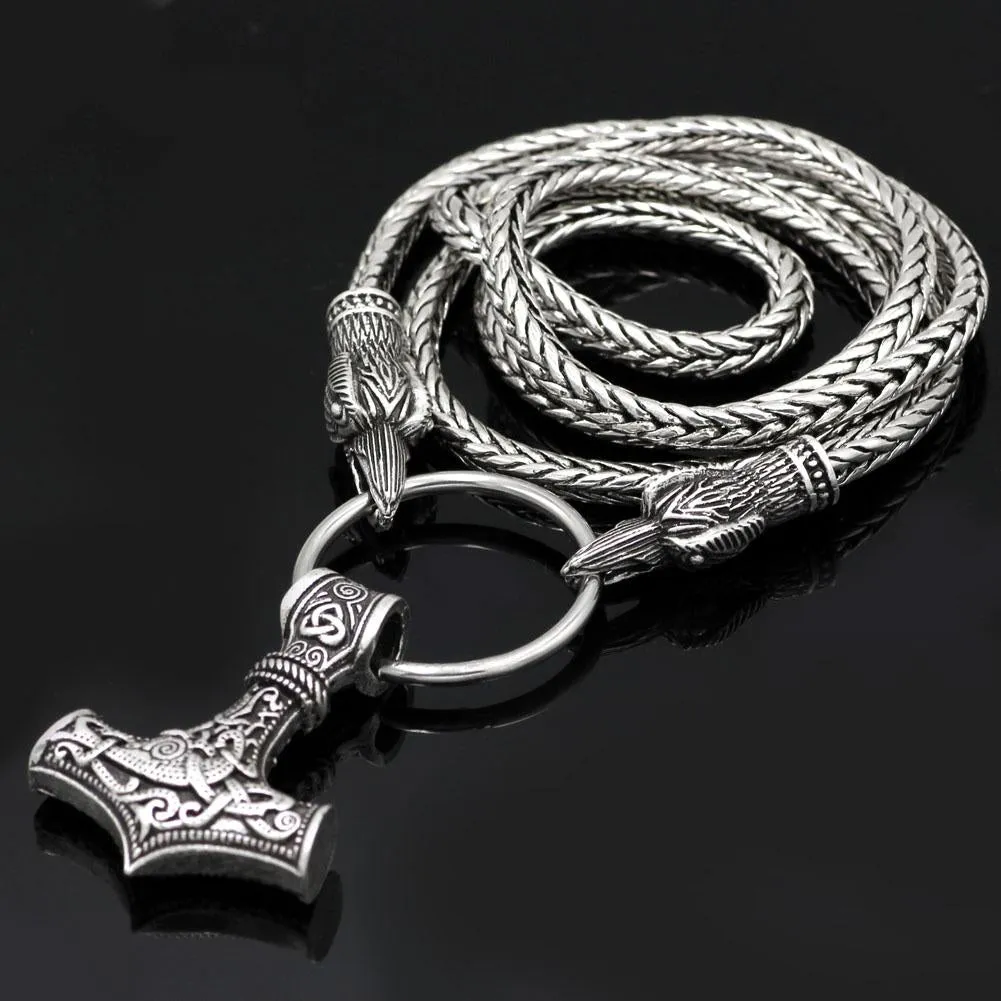 Odin's Raven with Thor's Hammer Pendant Chain Necklace