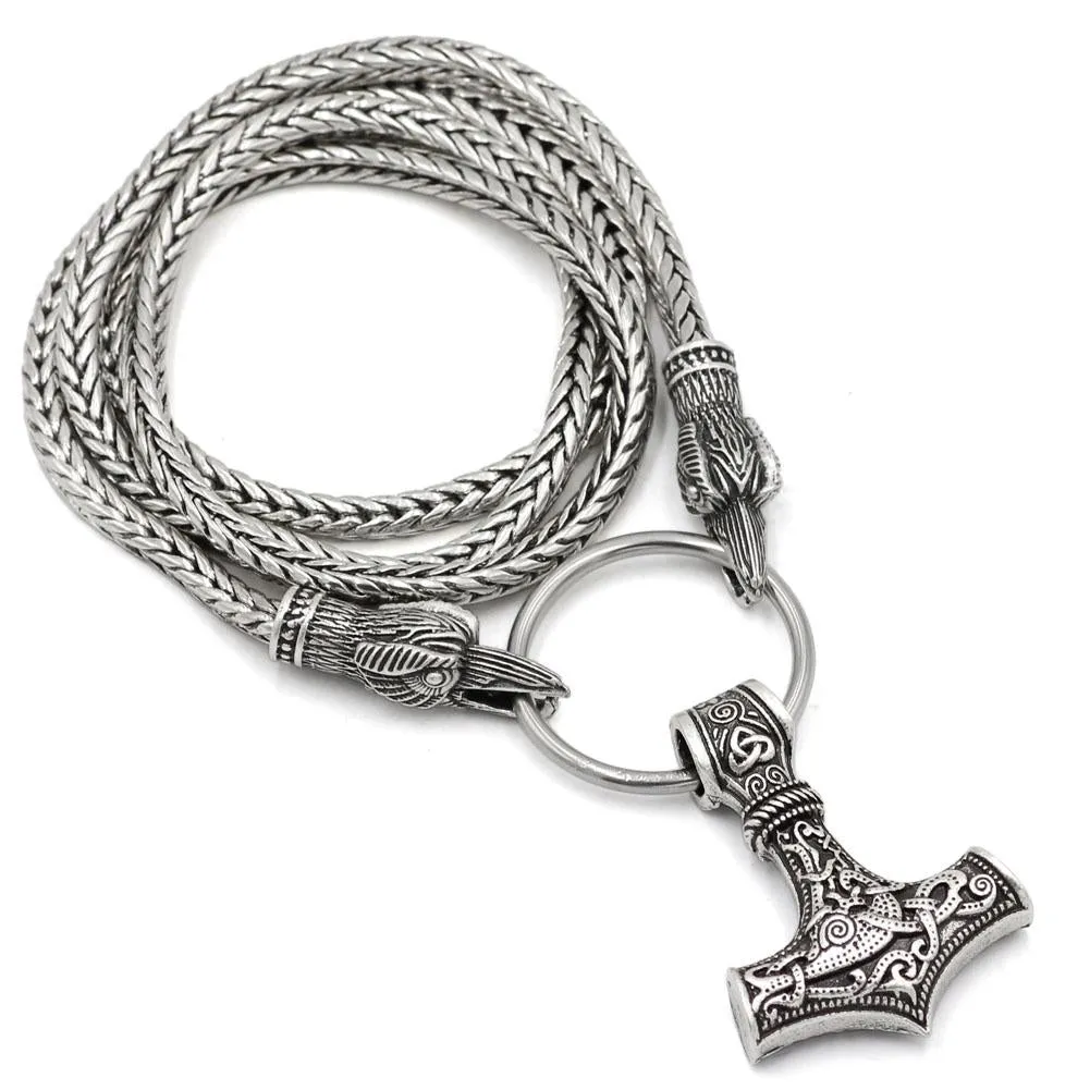 Odin's Raven with Thor's Hammer Pendant Chain Necklace