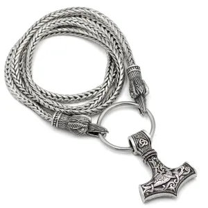 Odin's Raven with Thor's Hammer Pendant Chain Necklace