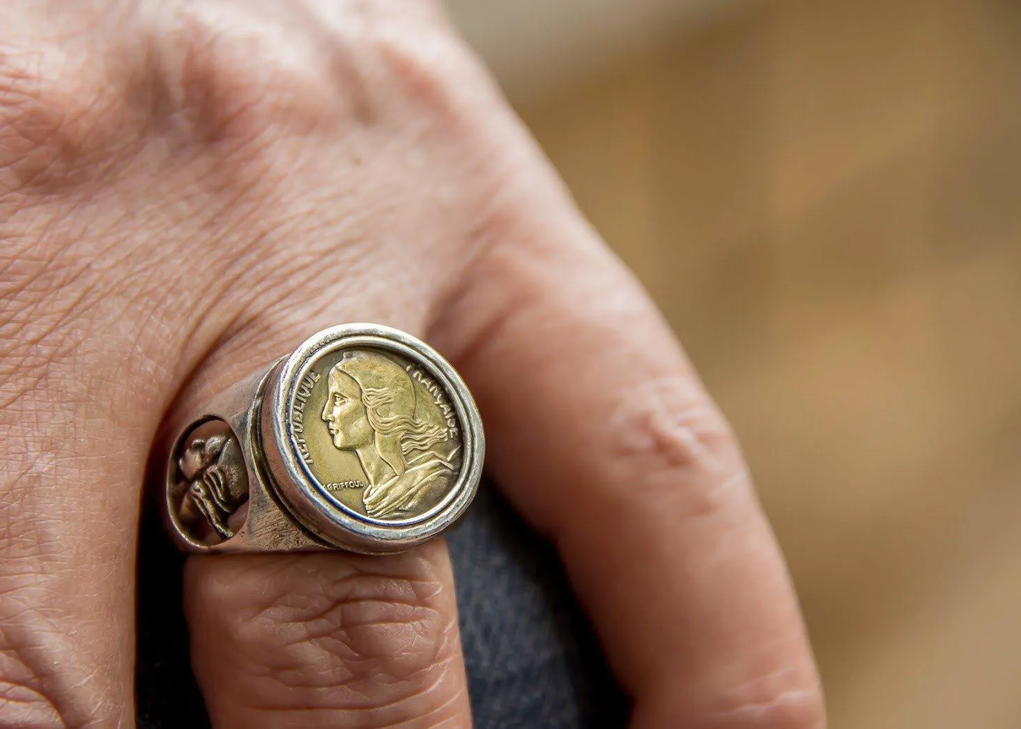 Old French Coin Ring - 5 Centimes Coin of France Ring