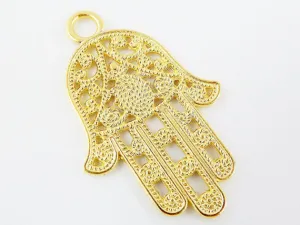 Ornate Filigree Hamsa Hand of Fatima Pendant Charm - 22k Matte Gold Plated - 1PC