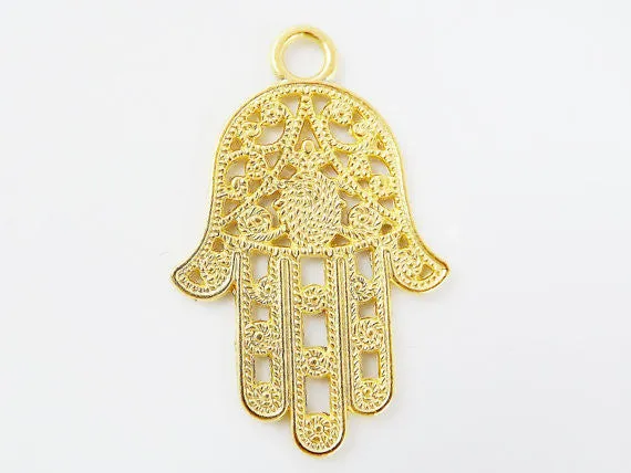 Ornate Filigree Hamsa Hand of Fatima Pendant Charm - 22k Matte Gold Plated - 1PC
