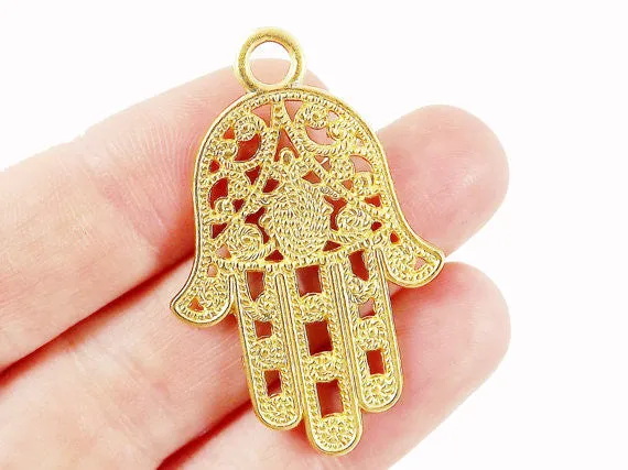 Ornate Filigree Hamsa Hand of Fatima Pendant Charm - 22k Matte Gold Plated - 1PC