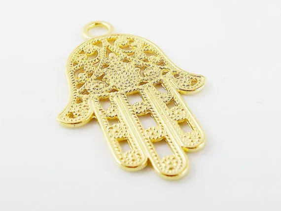 Ornate Filigree Hamsa Hand of Fatima Pendant Charm - 22k Matte Gold Plated - 1PC