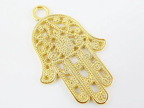 Ornate Filigree Hamsa Hand of Fatima Pendant Charm - 22k Matte Gold Plated - 1PC