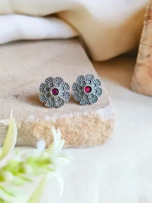 Oxidised Silver Floral Stud Earrings for Daily Wear | Sarichka
