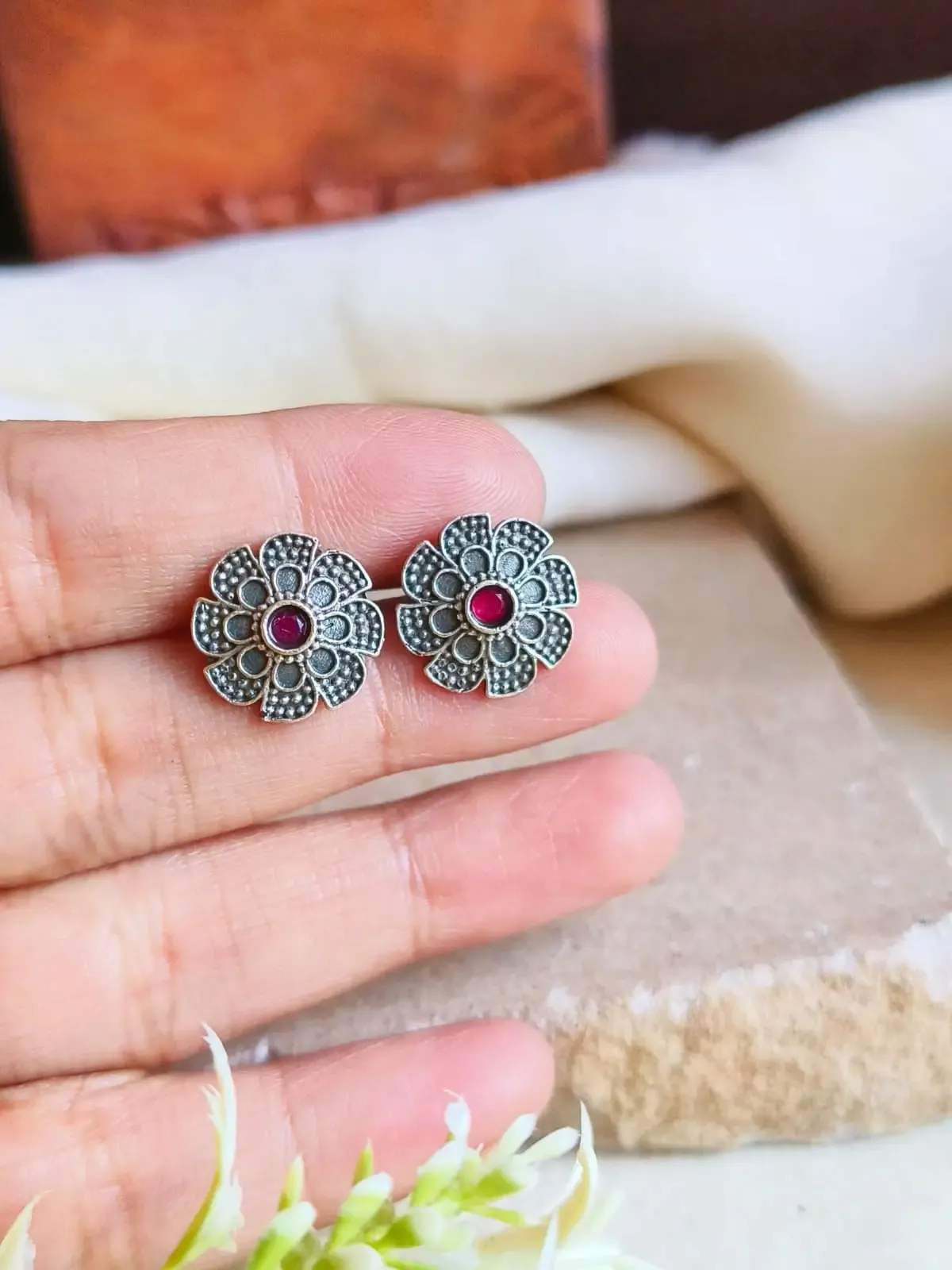 Oxidised Silver Floral Stud Earrings for Daily Wear | Sarichka