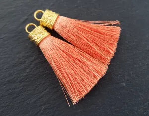 Peach Tassel Pendant, Soft Peach, Orange, Silk Thread Tassel, Tassel Charm, Ornate Cap, 22k Matte Gold Cap, Tassel Jewelry, 2.25 inches, 2pc
