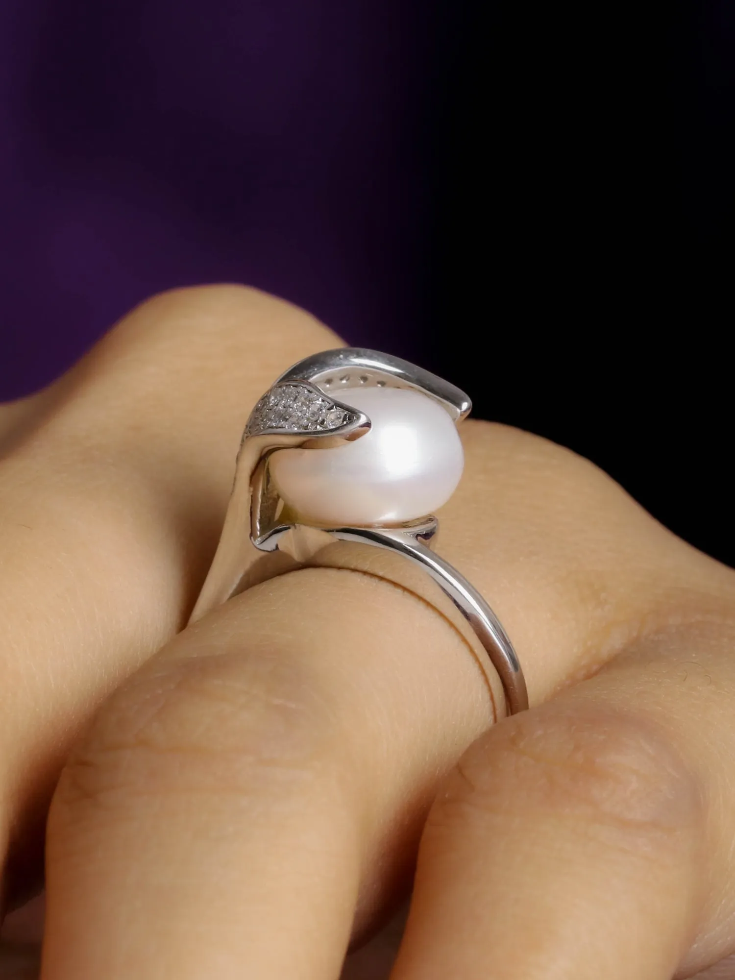 Pearl 925 Sterling Silver Ring In Leaf Design