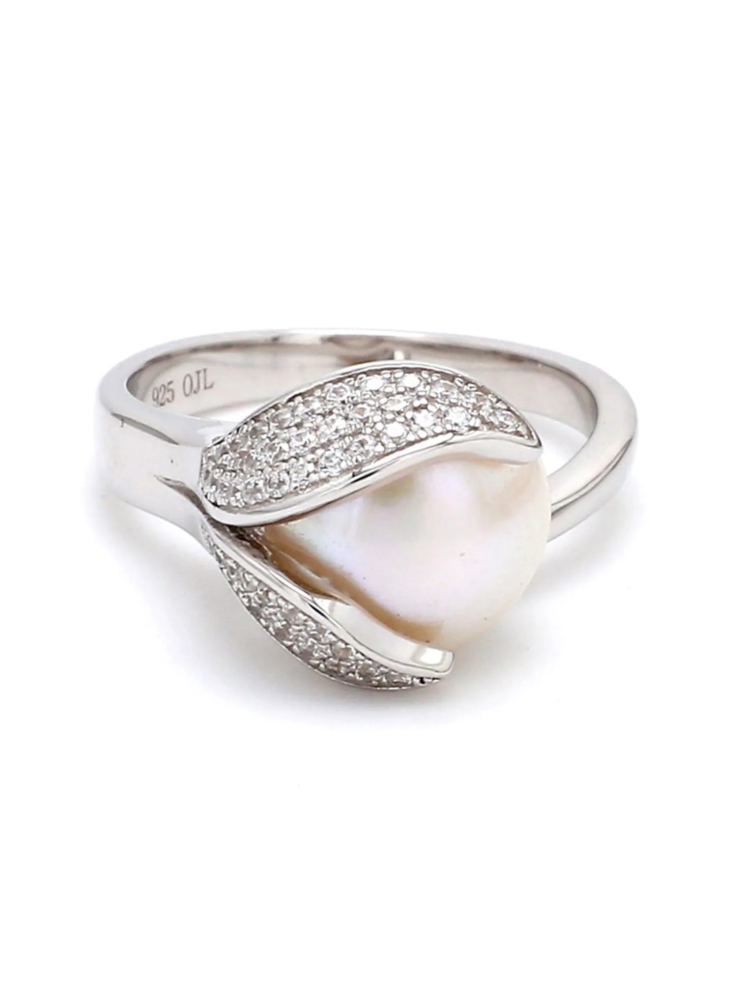 Pearl 925 Sterling Silver Ring In Leaf Design