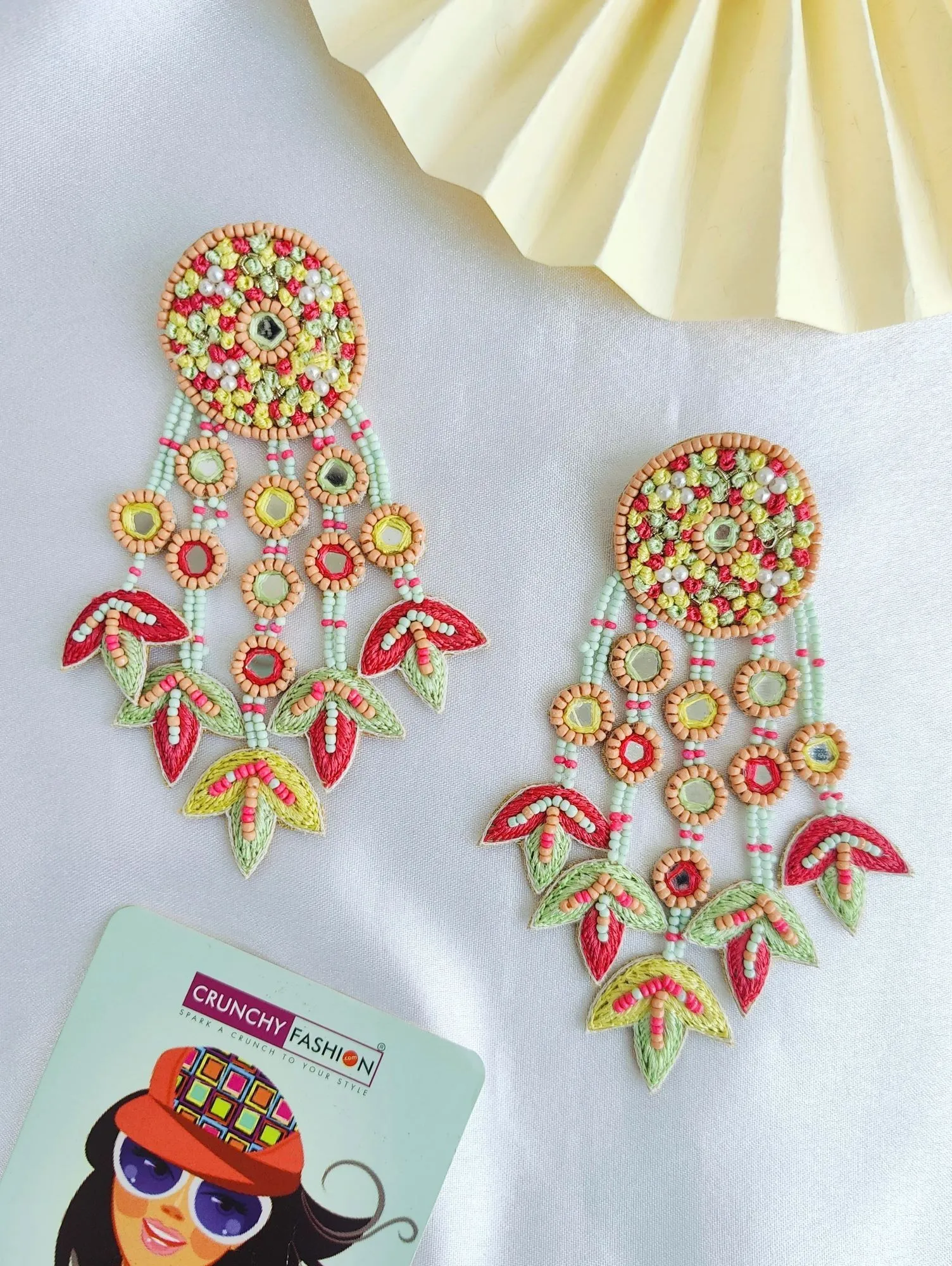 Pink-Mint Green Handmade Jewellery: Exquisite Beaded Floral Earrings