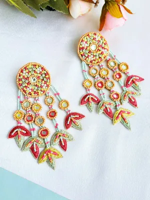Pink-Mint Green Handmade Jewellery: Exquisite Beaded Floral Earrings