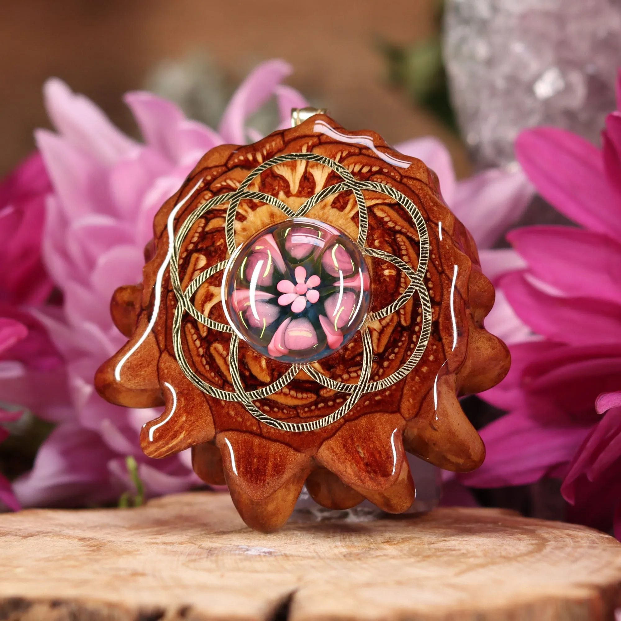 Pink Phoenix Orchid Glass with Gold Seed of Life