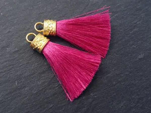 Pink Tassel Pendant, Violet Pink, Silk Thread Tassel, Tassel Charm, Ornate Cap, 22k Matte Gold Cap, Tassel Jewelry, 2.25 inches, 2pc