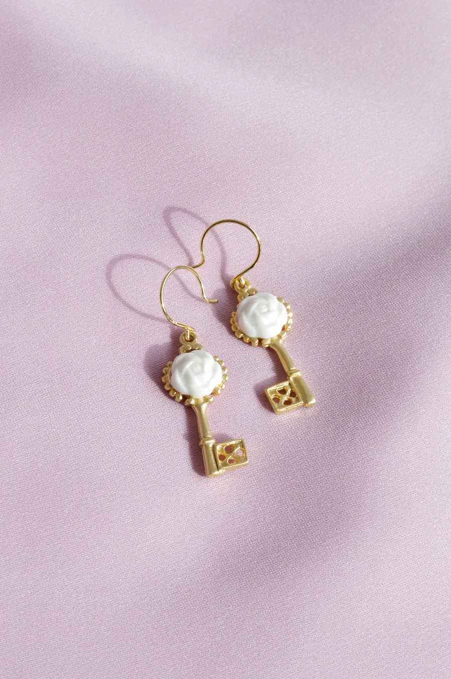 Porcelain Camellia Golden Key Earrings