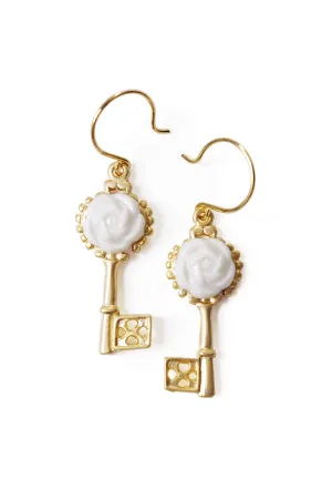 Porcelain Camellia Golden Key Earrings