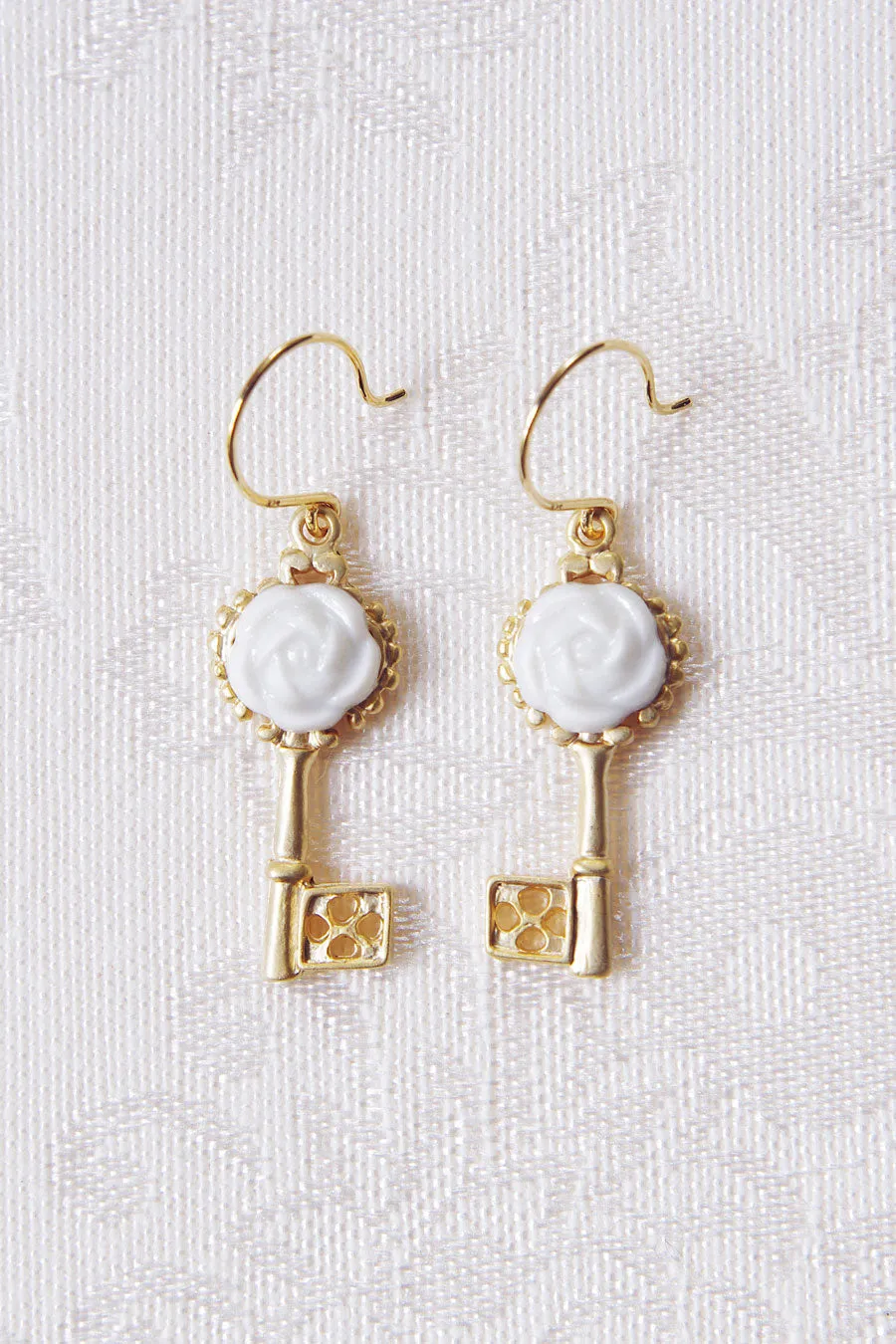Porcelain Camellia Golden Key Earrings