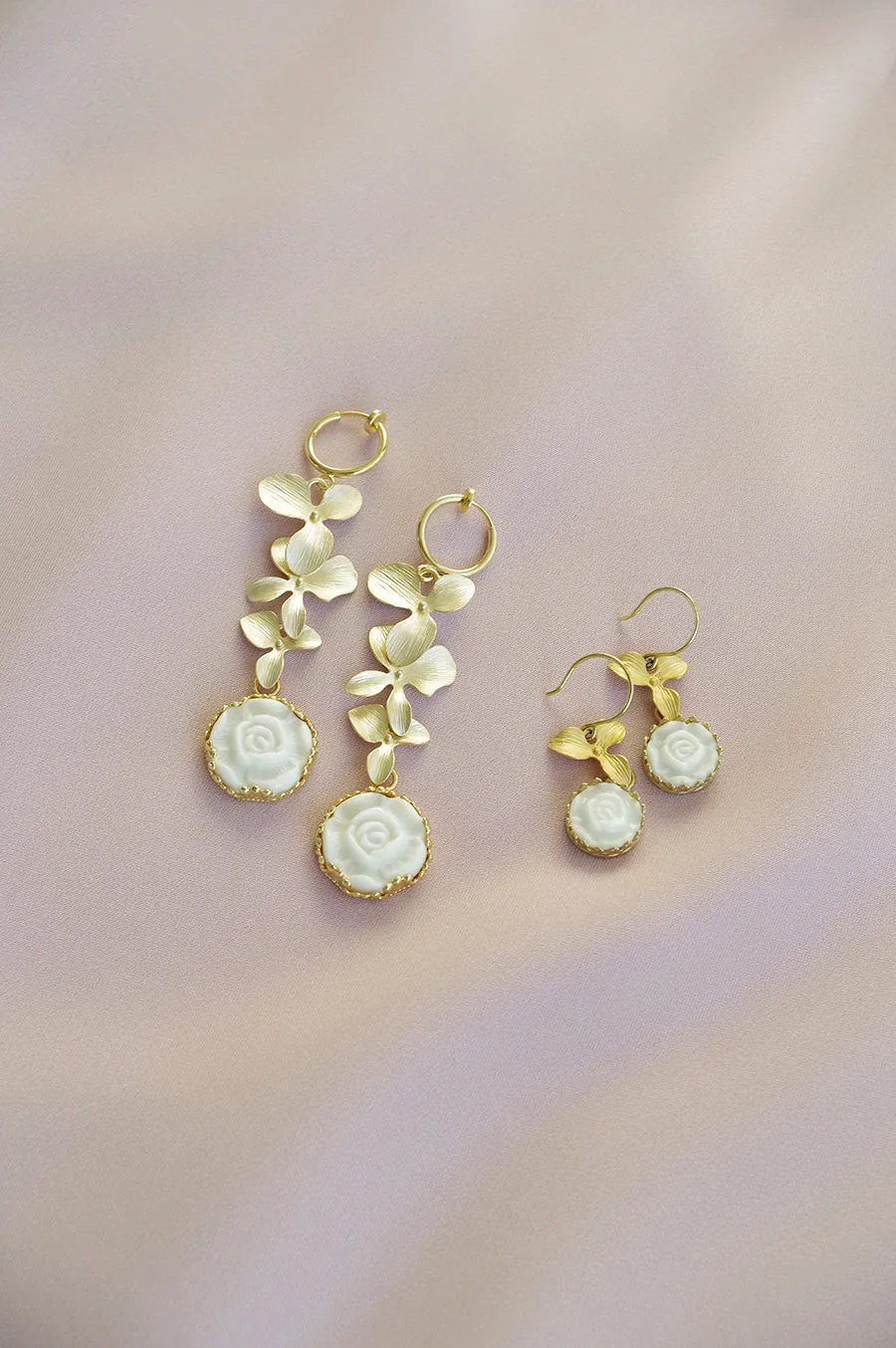 Porcelain Moonlight Rose And Triple Leaves Clip-On Earrings
