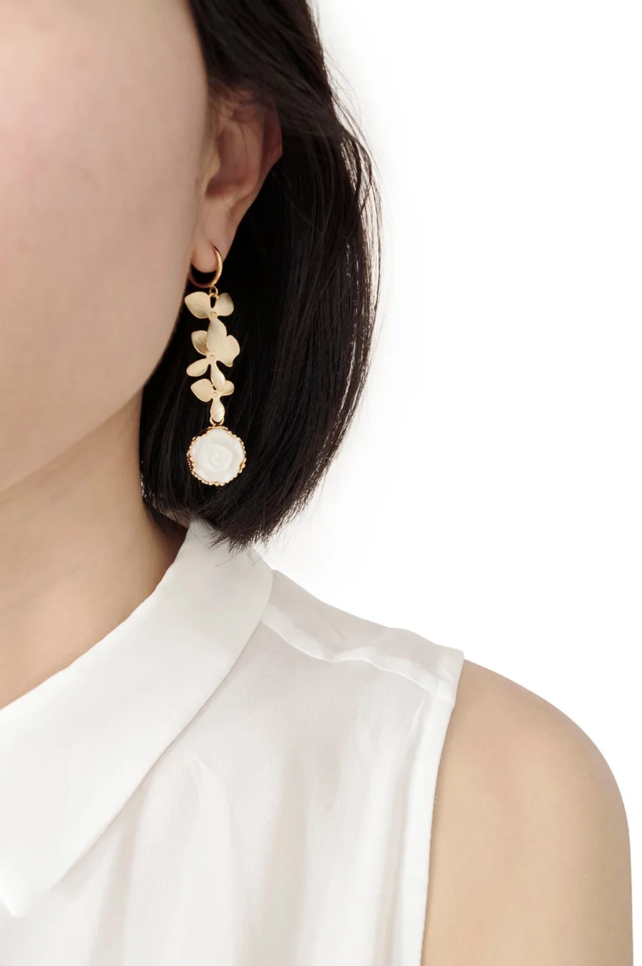 Porcelain Moonlight Rose And Triple Leaves Clip-On Earrings