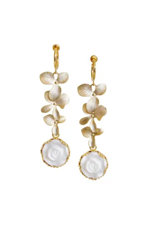 Porcelain Moonlight Rose And Triple Leaves Clip-On Earrings