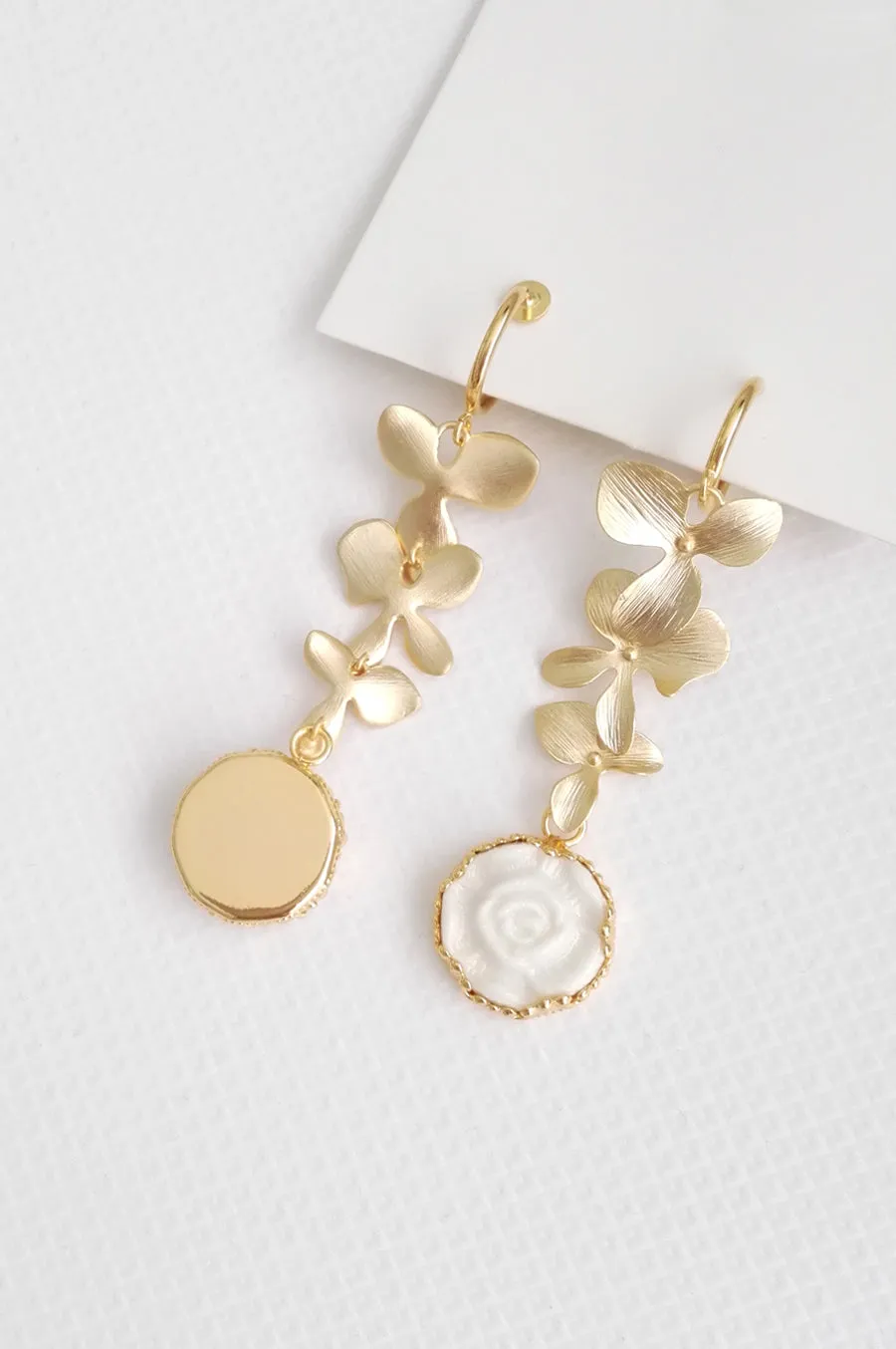 Porcelain Moonlight Rose And Triple Leaves Clip-On Earrings