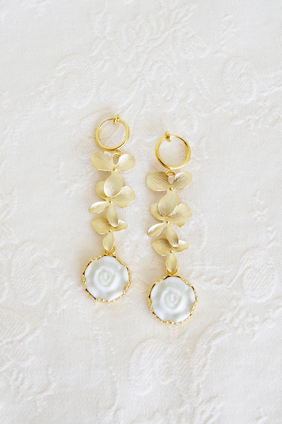 Porcelain Moonlight Rose And Triple Leaves Clip-On Earrings