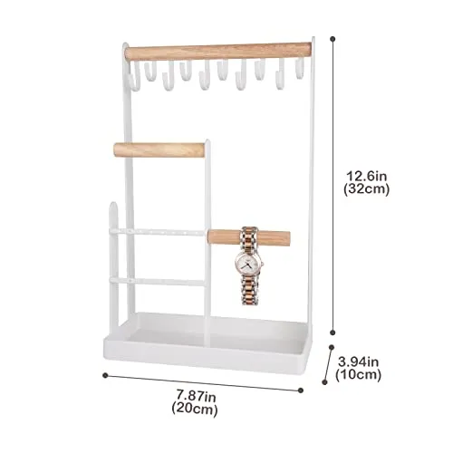 ProCase Jewelry Organizer Stand Necklace Holder, 4-Tier Jewelry Tower Rack with Earring Tray, 10 Hooks Necklaces Hanging Small Jewelry Display Storage Tree for Bracelets Earrings Rings Watches -White
