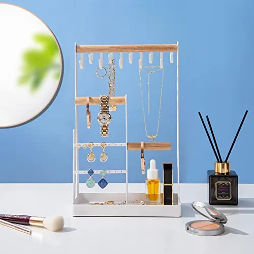 ProCase Jewelry Organizer Stand Necklace Holder, 4-Tier Jewelry Tower Rack with Earring Tray, 10 Hooks Necklaces Hanging Small Jewelry Display Storage Tree for Bracelets Earrings Rings Watches -White