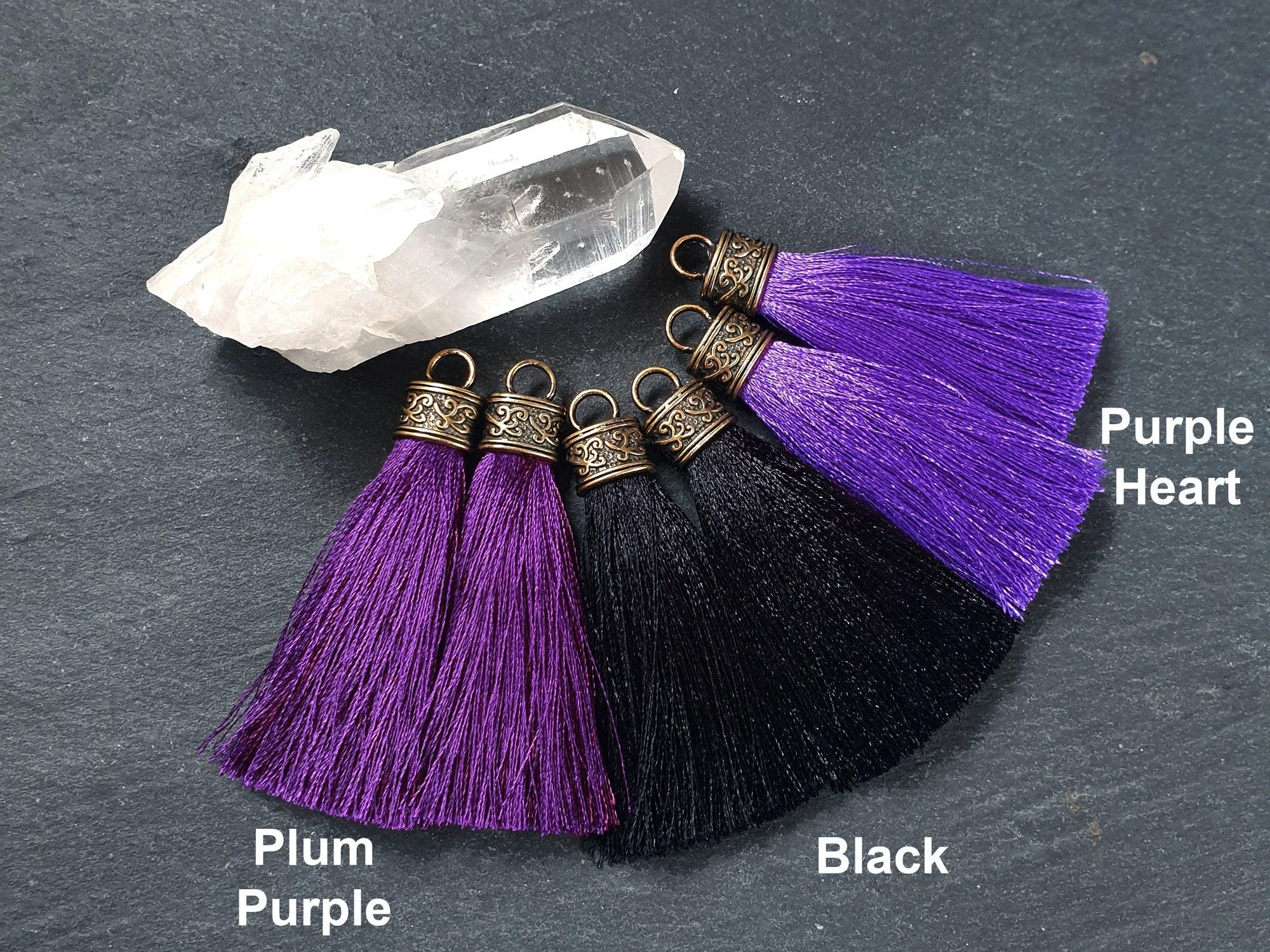 Purple Tassel Pendant, Silk Thread Tassel, Tassel Charm, Ornate Cap, Antique Bronze Cap, Purple Heart, Silk Tassel, 2.25 inches, 2pc