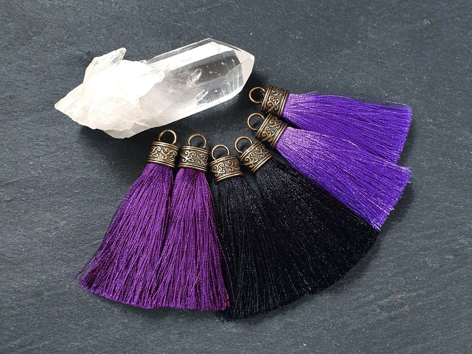 Purple Tassel Pendant, Silk Thread Tassel, Tassel Charm, Ornate Cap, Antique Bronze Cap, Purple Heart, Silk Tassel, 2.25 inches, 2pc