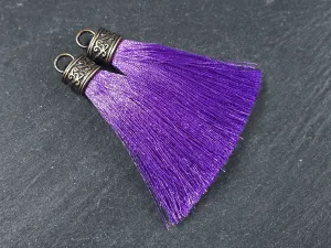 Purple Tassel Pendant, Silk Thread Tassel, Tassel Charm, Ornate Cap, Antique Bronze Cap, Purple Heart, Silk Tassel, 2.25 inches, 2pc