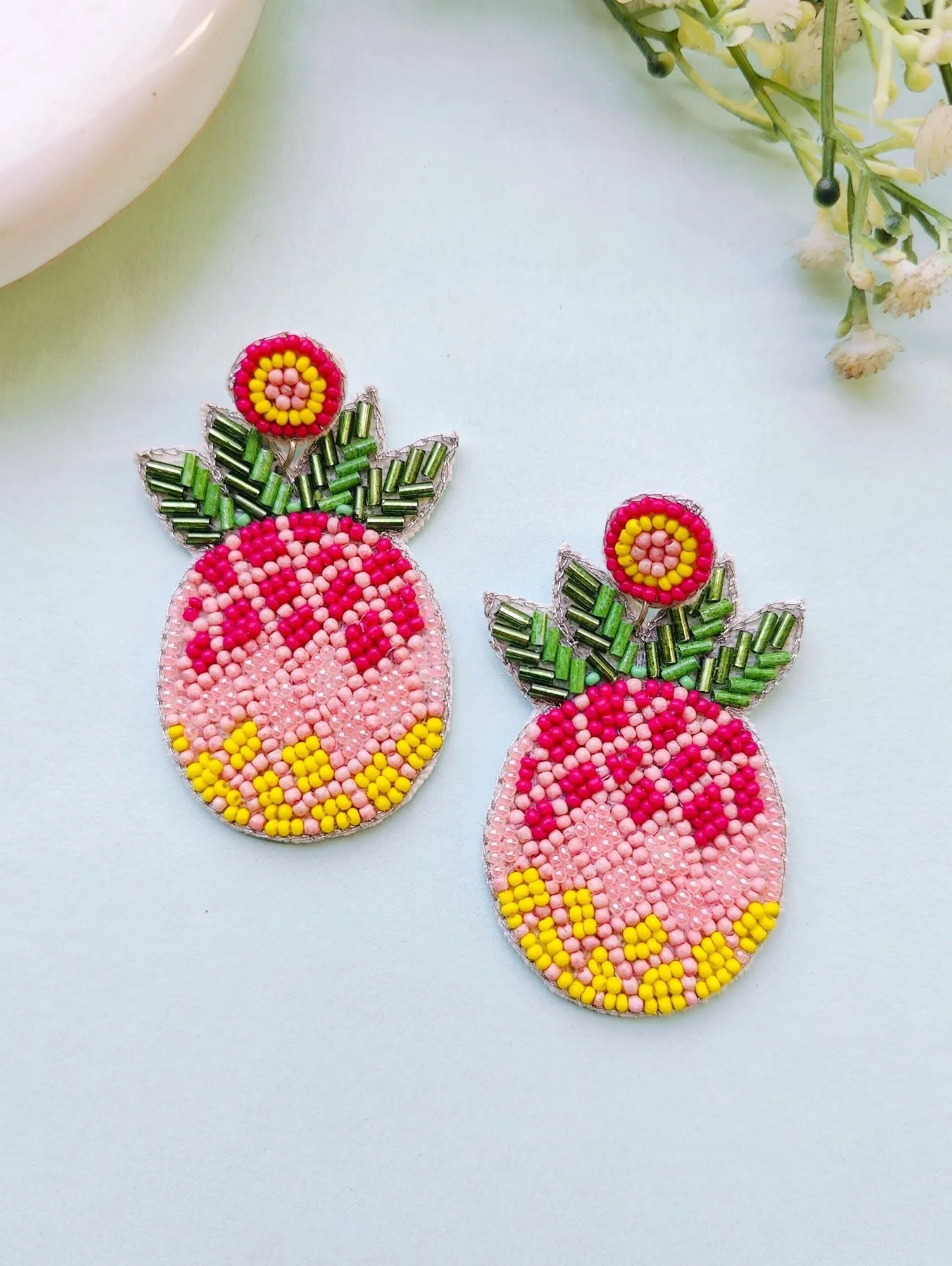 Quirky Chic Handcrafted Pink Pineapple Beaded Earrings