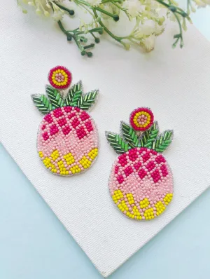 Quirky Chic Handcrafted Pink Pineapple Beaded Earrings
