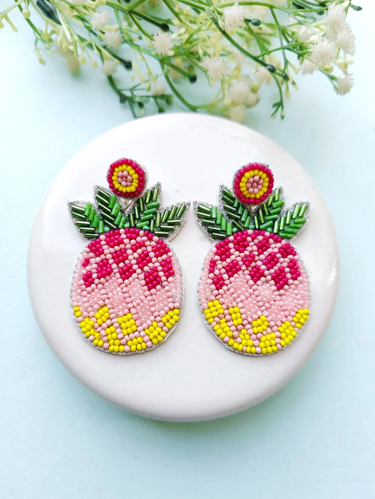 Quirky Chic Handcrafted Pink Pineapple Beaded Earrings