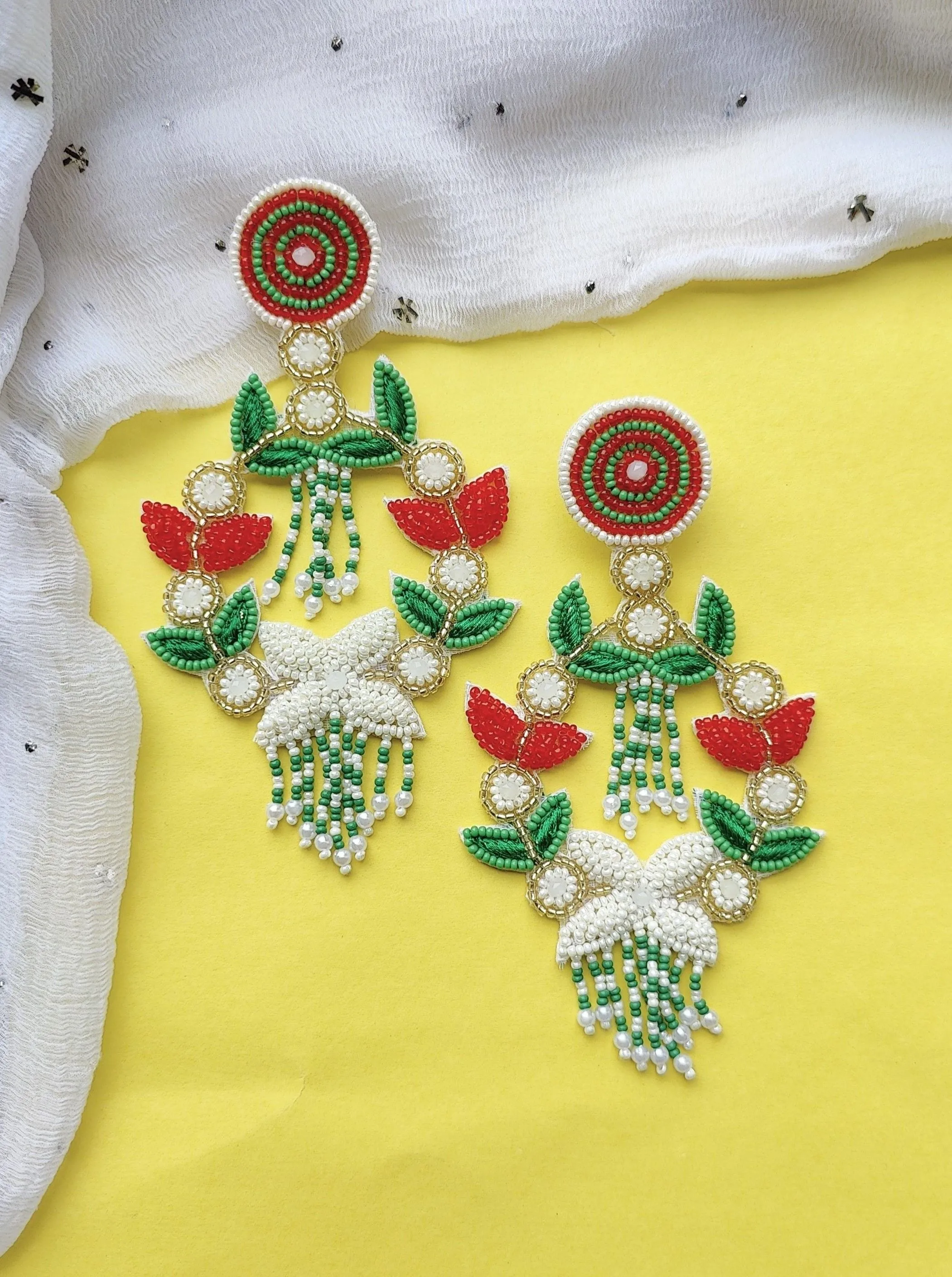 Red-Green Handmade Multicolor Beaded Party Earrings for Women & Girls