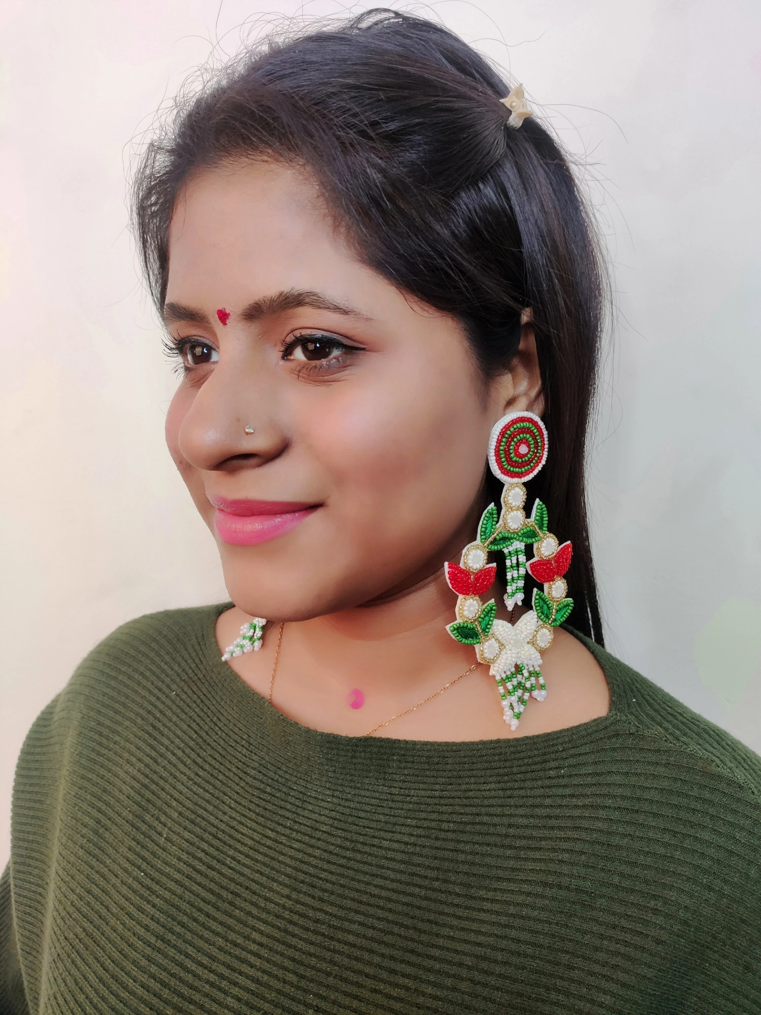 Red-Green Handmade Multicolor Beaded Party Earrings for Women & Girls