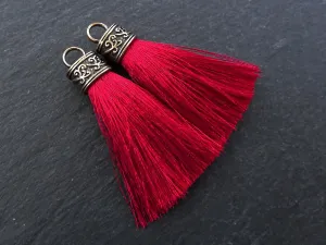 Red Tassel Pendant, Silk Thread Tassel, Tassel Charm, Ornate Cap, Antique Bronze Cap, Tassel Jewelry, Brown Silk Tassel, 2.25 inches, 2pc