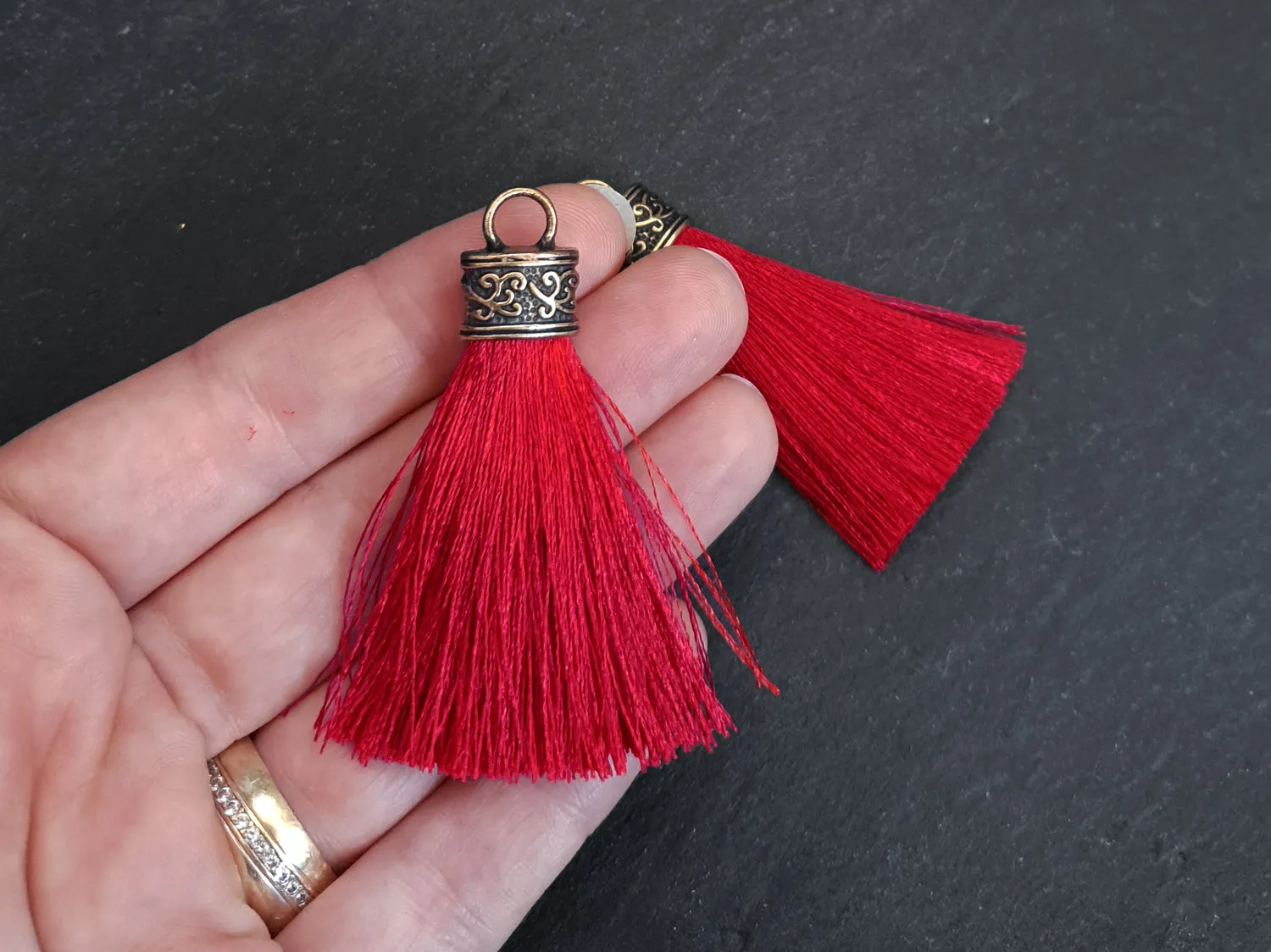 Red Tassel Pendant, Silk Thread Tassel, Tassel Charm, Ornate Cap, Antique Bronze Cap, Tassel Jewelry, Brown Silk Tassel, 2.25 inches, 2pc