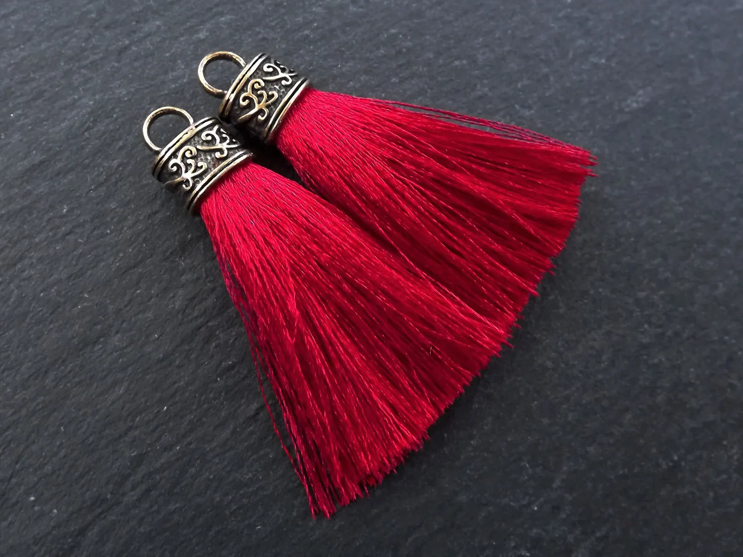 Red Tassel Pendant, Silk Thread Tassel, Tassel Charm, Ornate Cap, Antique Bronze Cap, Tassel Jewelry, Brown Silk Tassel, 2.25 inches, 2pc