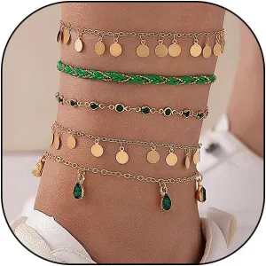 Rrdaily 5PCS Boho Rhinestone Stackable Anklets Set for Teen Girls Women 14k Gold Layered Adjustable Link Chain Braided Anklets Round Pendant Anklets Gift